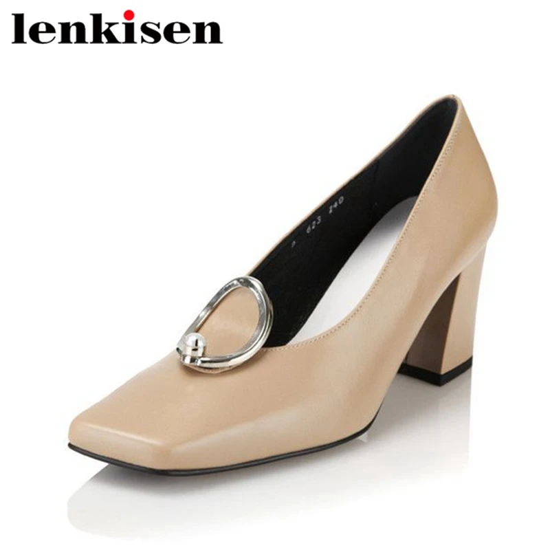 

Lenkisen metal decoration office lady square toe genuine leather slip on solid thick high heels luxury women leisure pumps L61
