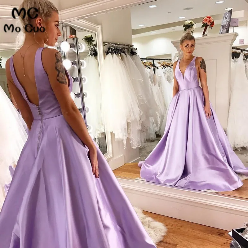 A-Line V-Neck Backless Sweep Train Lilac Satin Prom Gown Party Dress33