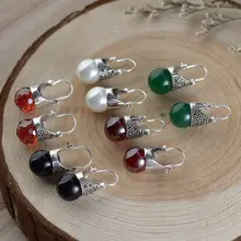 100% Real S925 sterling silver Antique craft women's inlaid bead agate red zircon Thai silver earrings s925 filaments shaolan craft silver inlaid huang yusui pendant in front of blessing silver supply