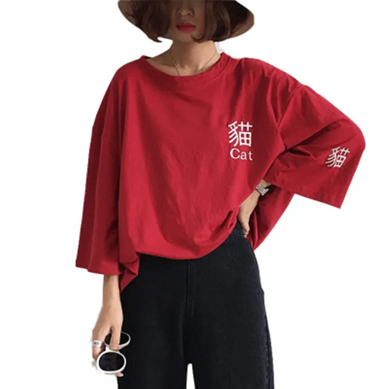 

Women Summer Casual Student T-shirt Embroidery Cat letters Printed Half Sleeve 2019 Top Fashion Loose Streetwear Clothes