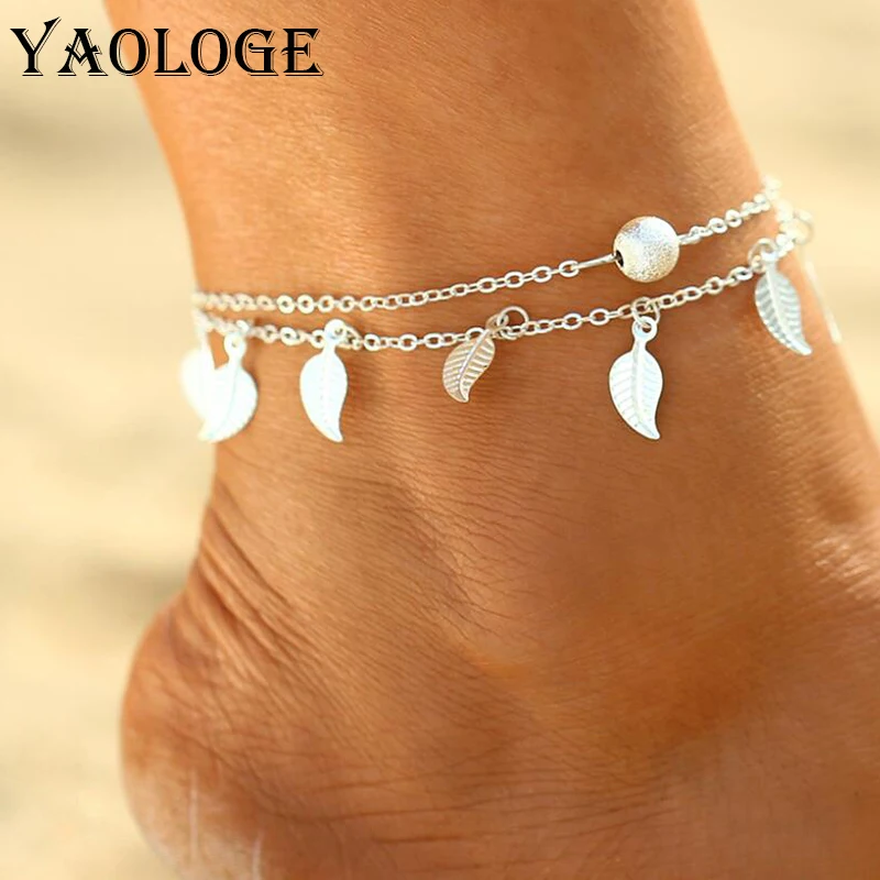 

YAOLOGE Hot Sale Retro Multi Layer Metal Bracelet Simple Leaves Dangle Anklet Bohemia Style Statement Accessories For Women new