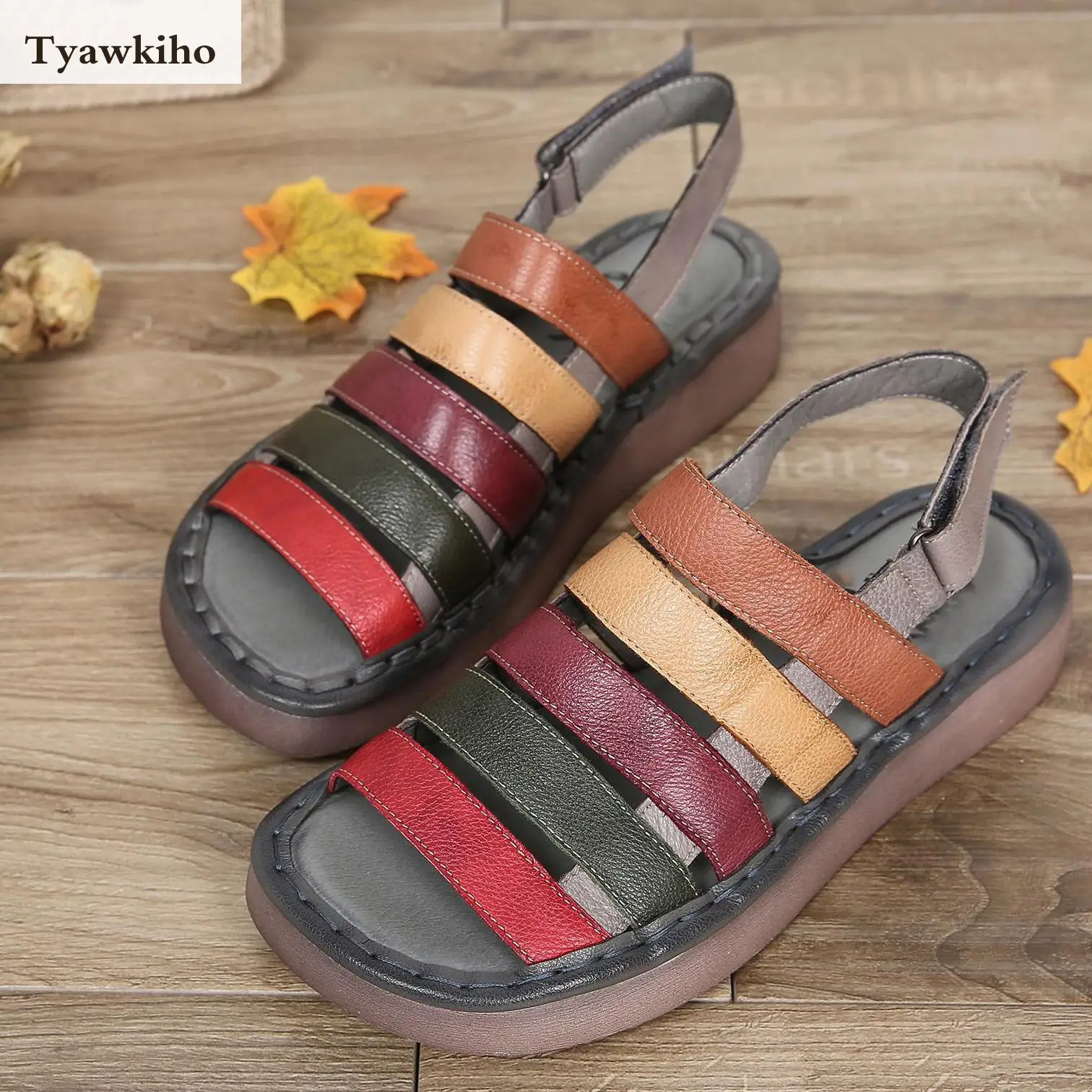 

Tyawkiho Genuine Leather Women Sandals Colorful Set Foot Summer Shoes Low Heel Women Leather Sandals Soft Comfortable Handmade