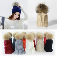 fashion winter thick hats unisex couples knitted pompoms hats Raccoon Fur ball caps men & women skullies & beanies