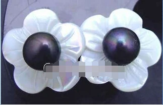 

Wholesale FREE SHIPPING DD SALE Big 14mm Shell fleuret and 4mm Black pear Earring Silver S925 stud-e206