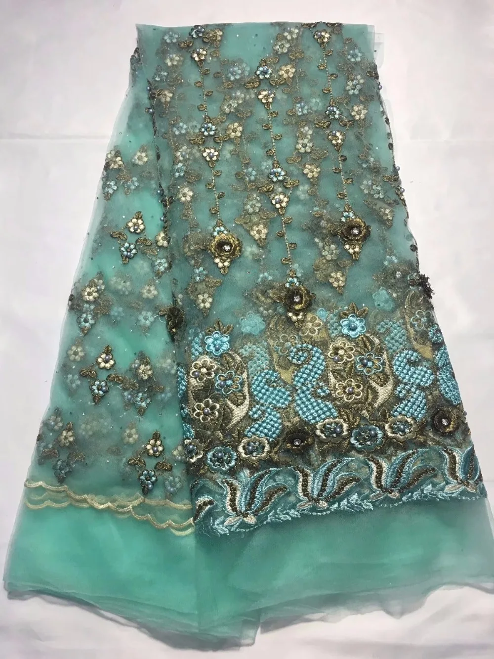 Последние популярные дизайны Бисером кружевная Ткань 5 ярдов африканская кружевная ткань индийское, высокого качества шелк Джордж кружевная ткань зеленая свадьба