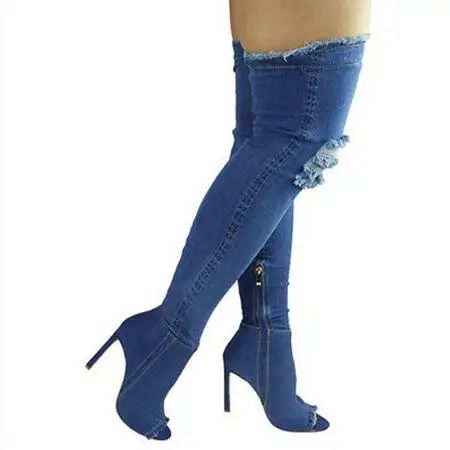Hot Fashion Spring Summer Women Boots Blue Denim Over The Knee Thigh High Boots Open Toe High Heels Hole Shoes Woman Botas Mujer (22)