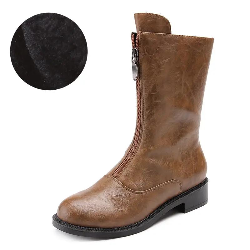 KHAKI PLUSH ROYYNA/Новое поступление; Женские ботинки в классическом стиле; женская зимняя обувь с круглым носком; женские ботинки до середины икры на молнии; удобные; - Цвет: KHAKI PLUSH