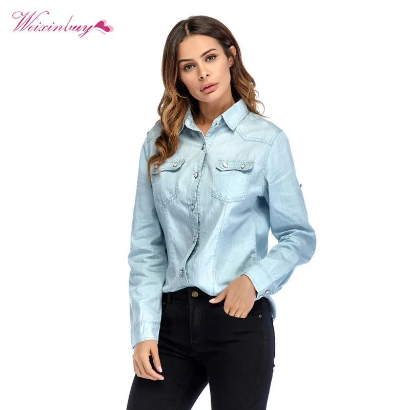 

Women Denim Shirts Casual Blouse With the button Turn-down Collar Shirts Batwing Sleeve Blue Blouses