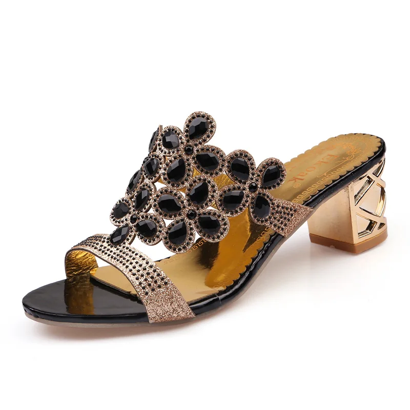Ekoak/размеры 36-41, новые летние модные женские босоножки на высоком каблуке с вырезами и большими стразами Женская обувь для вечеринок женские пляжные сандалии - Цвет: Black