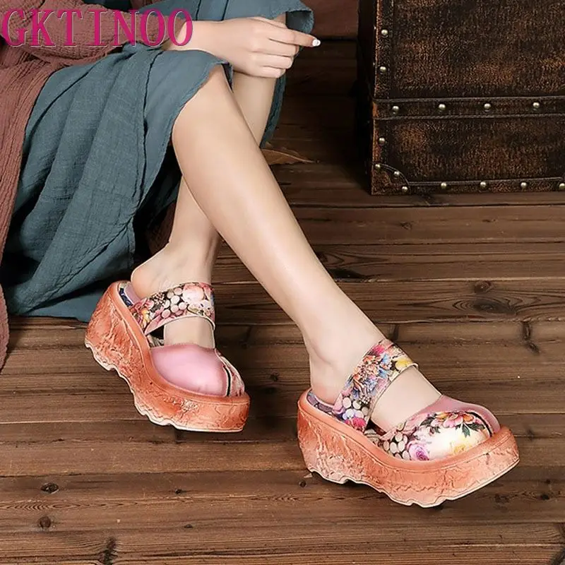 GKTINOO Genuine Leather Women Sandals 2019 Retro Summer Shoes High Heels Sandals Soft Leather Handmade Women Shoes Platform