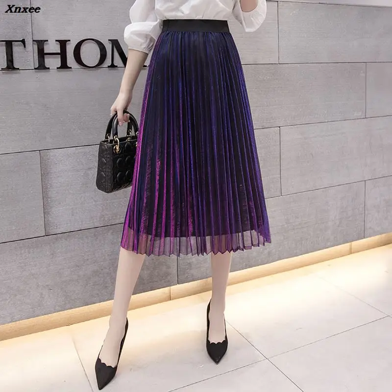 Summer Women Long Pleated Skirt Elegant Solid Retro Skirts Female Elastic High Waist Pleated Skirt Woman Jupe Femme faldas Xnxee