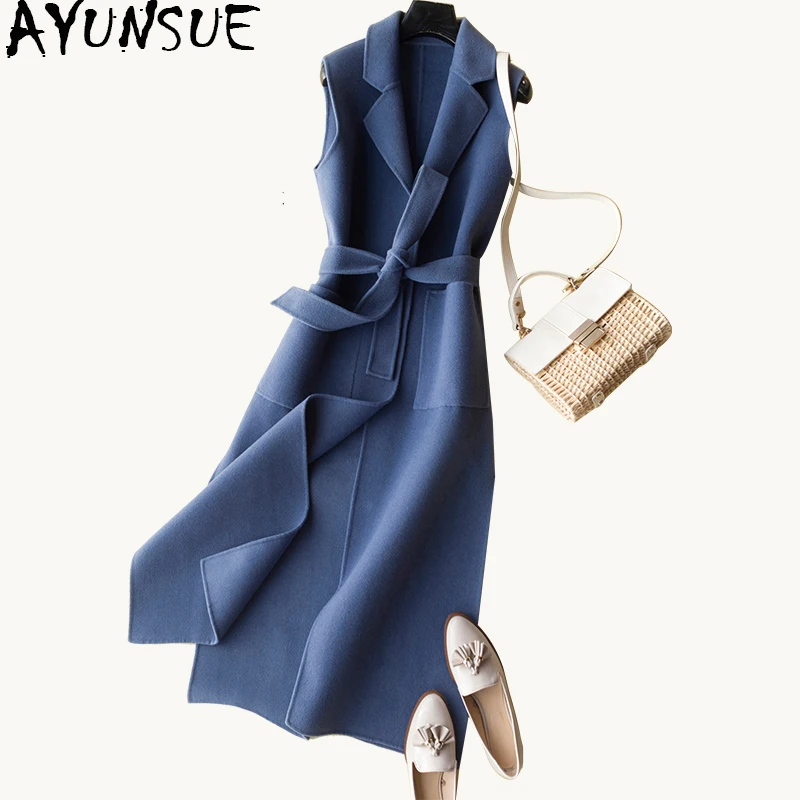 AYUNSUE 2018 Autumn Winter Women's Vest Wool Coat Female Long Vests With Belt Waistcoat for Women jaqueta feminina WYQ1231