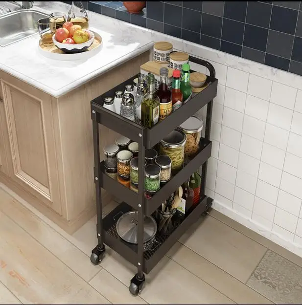  A three-story trolley is fitted with a rack of kitchen supplies and a rack of kitchen utensils. - 32850967801