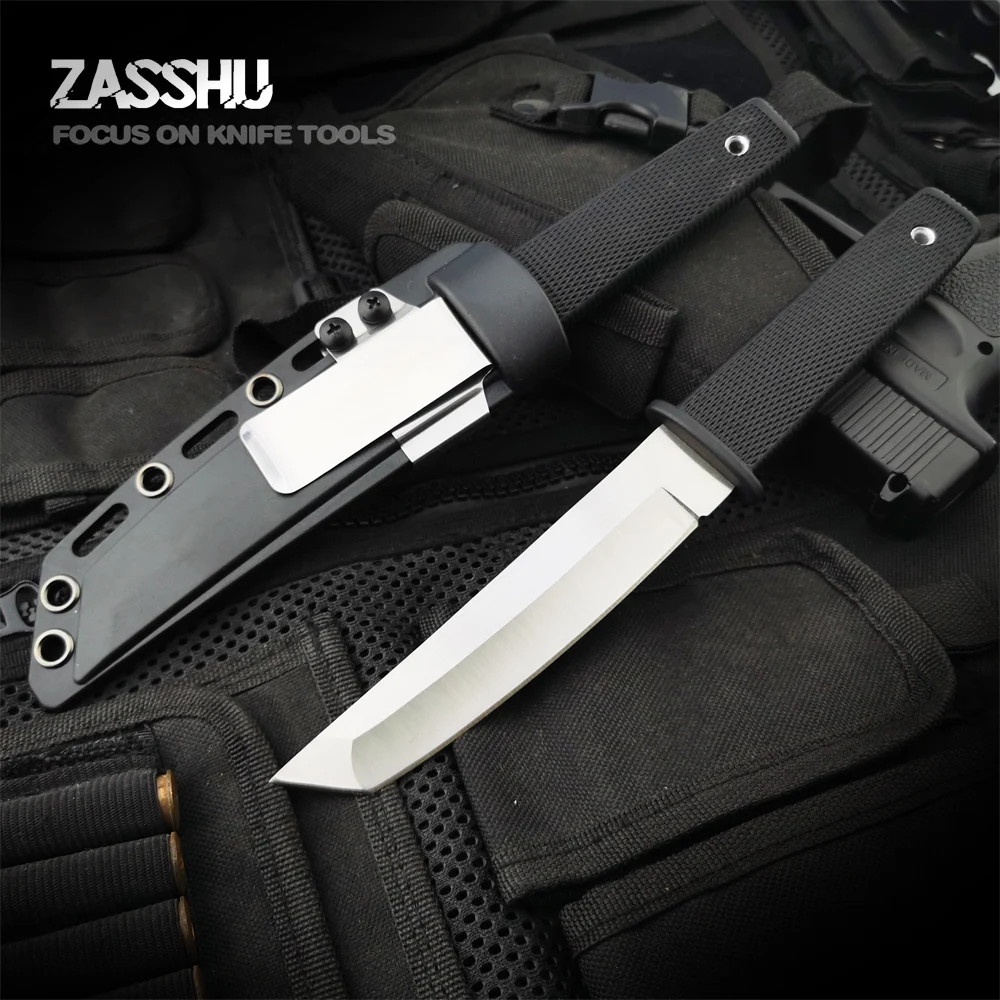 Price ZASSHU Cold Steel Hunting Fixed Blade Knife 440C Stainless Steel Long Kraton Plastic Handle Outdoor Tactical Knife ABS Sheath