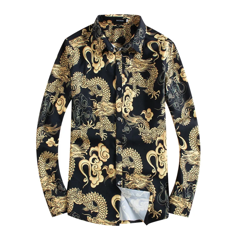 Gold print spring men shirts long sleeve shirt fashion business ...