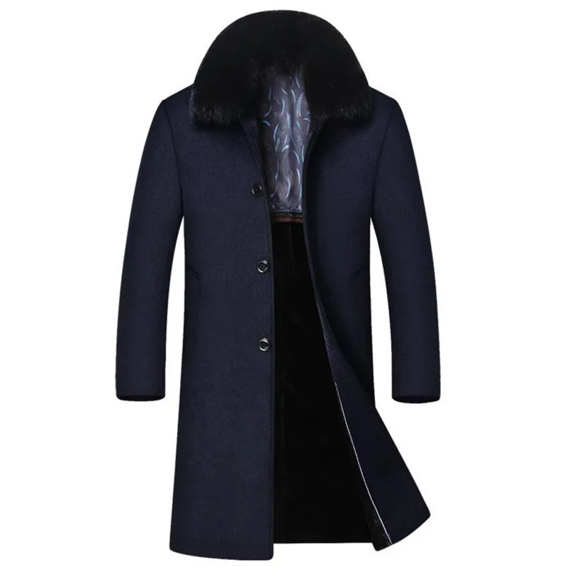 Новая зимняя высококачественная Мужская куртка, деловое повседневное теплое пальто плюс бархатное шерстяное пальто, длинное пальто, ветровка, меховой воротник, съемный - Цвет: Navy blue