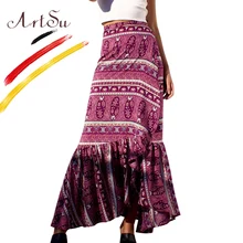 ArtSu винтажная Женская юбка в стиле бохо с цветочным принтом, на шнуровке, с высокой талией, тонкая юбка Faldas Mujer, летняя пляжная длинная юбка, Сексуальная Повседневная юбка, Femme