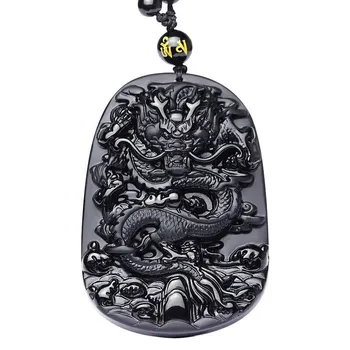 

Natural Black Obsidian Carved Dragon Necklace Pendant Brave Man Amulet Lucky Gift Energy Stone Healing Fine Fishion Jewelry