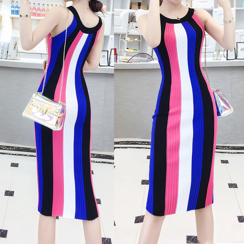 2019 New Summer Dress Women Fashion Sexy Slimming Hanging Neck Striped Knit Bag Hip Dress Sleeveless Bodycon Dresses Plus Size
