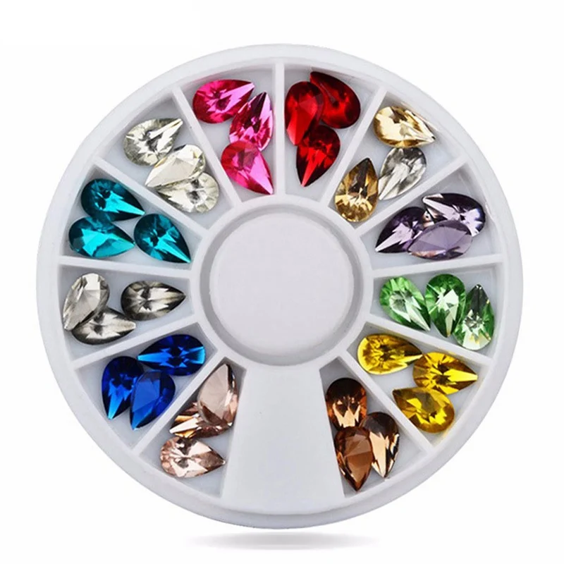 

Hot Sale 36pcs/Set Glitter Drop Water Nail Art Decoration Rhinestones Wheel 3D Design Charm Nail Tips Gem Stones Accessory
