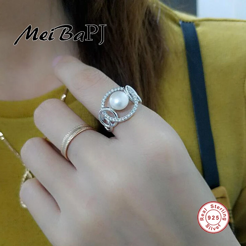 

[MeiBaPJ]High quality AAAA zircon ring 7-mm small natural freshwater pearl jewelry 925 sterling silver adjustable ring for women