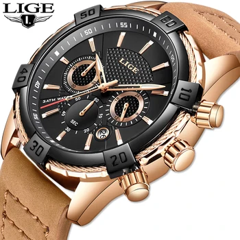 

2019 Top Brand Luxury New LIGE Men's Watches Business Quartz Gold Watch Men Leather Waterproof Military Watch Relogio Masculino
