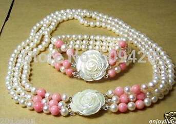 

hot sellGenuine White Pearl Pink Coral Necklace Bracelet Shell Flower Clasp