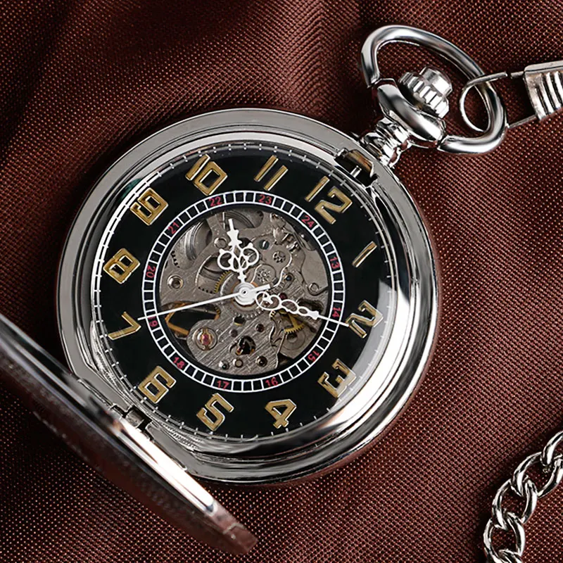 Автоматические Механические карманные часы-Скелетон с автоматическим заводом, винтажные роскошные серебряные дизайнерские часы с черным скелетом и цепочкой 30 см