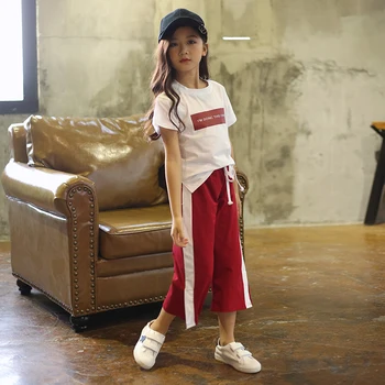 

Children's Clothing New Cotton Girls Set Summer Strapless O-neck Short Sleeve + Seven Points Wide Leg Pants Sports Two-piece