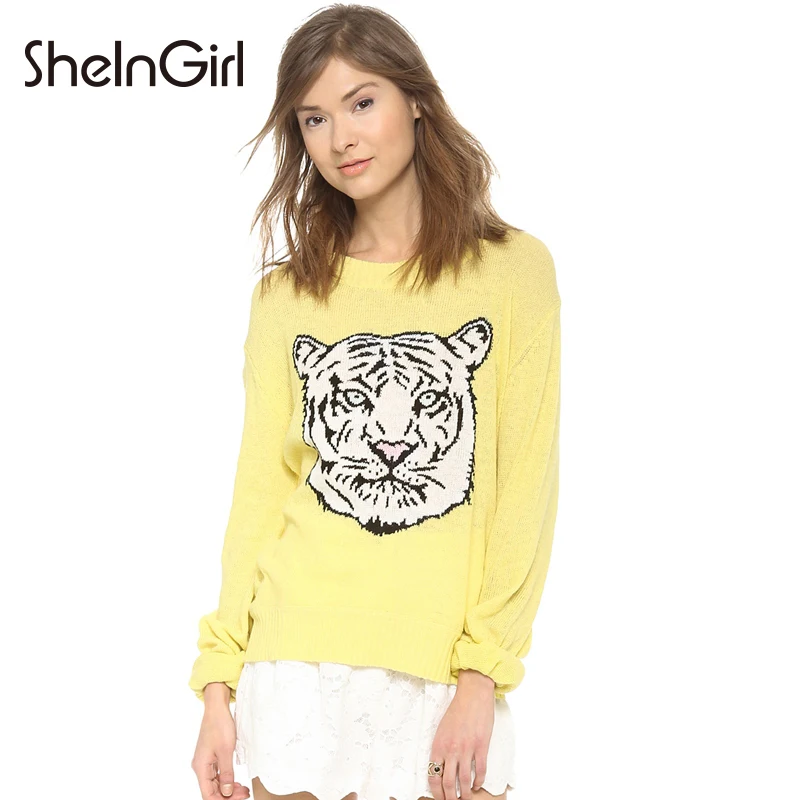 SheInGirl Women Sweater Tiger Head Printed Long Sleeve Crew Neck Wheat