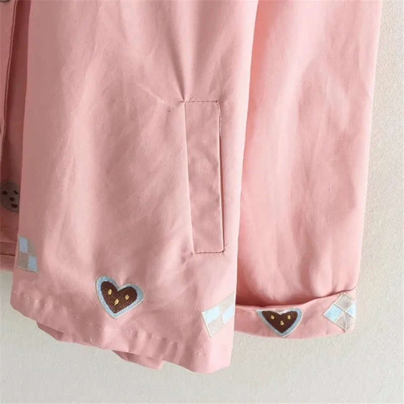 MERRY PRETTY 2017 Autumn Women Basic Jacket Pocket Button Hooded Heart Embroidery Cotton Outwear Loose Pink Coats Girls Jackets