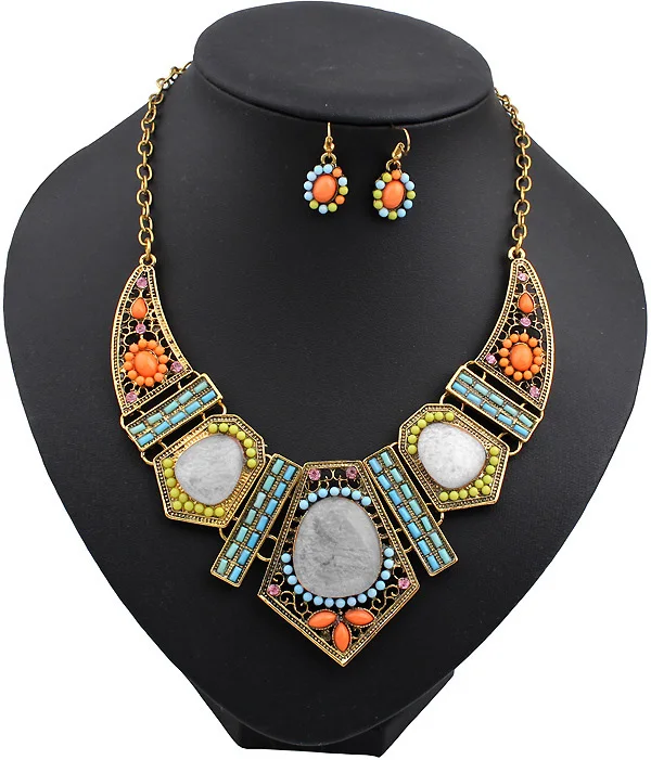 

Bohemian Jewelry sets Gold Chain with Colorful Beads Geometric Collar Statement Necklace Boho Dangle Earrings for Women 1T035