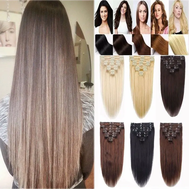US New 1Set Clip In Hair Extensions Long Straight Synthetic Hairpiece