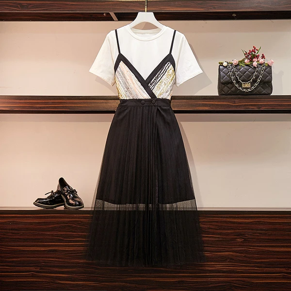 Summer Dress Two Piece Set Woman Mid Long T-Shirt+ Sling Sequins Patchwork Gauze Skirt Lady Girls Skirts Set Blue Black