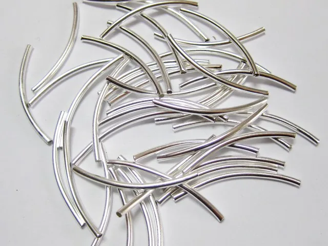 

100 Silver Tone Smooth Curved Tube Spacer Beads 2X35mm