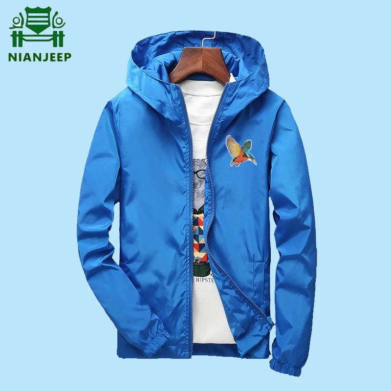 

NIANJEEP Embroidery Animals Birds Hooded Windbreaker Jacket Men Women Plus Size S-7XL Windproof Thin Jacket Men jaqueta BLACK
