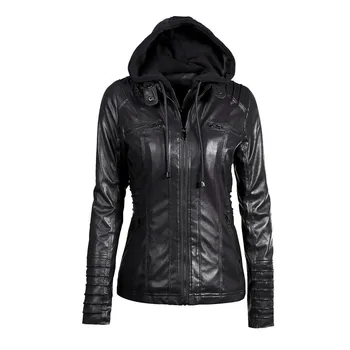 

Goth PU Leather Jacket Hooded Coat Women Autumn Winter 2018 Detachable Collar Hot Sale Stylish Streetwear Black Casual Outerwear