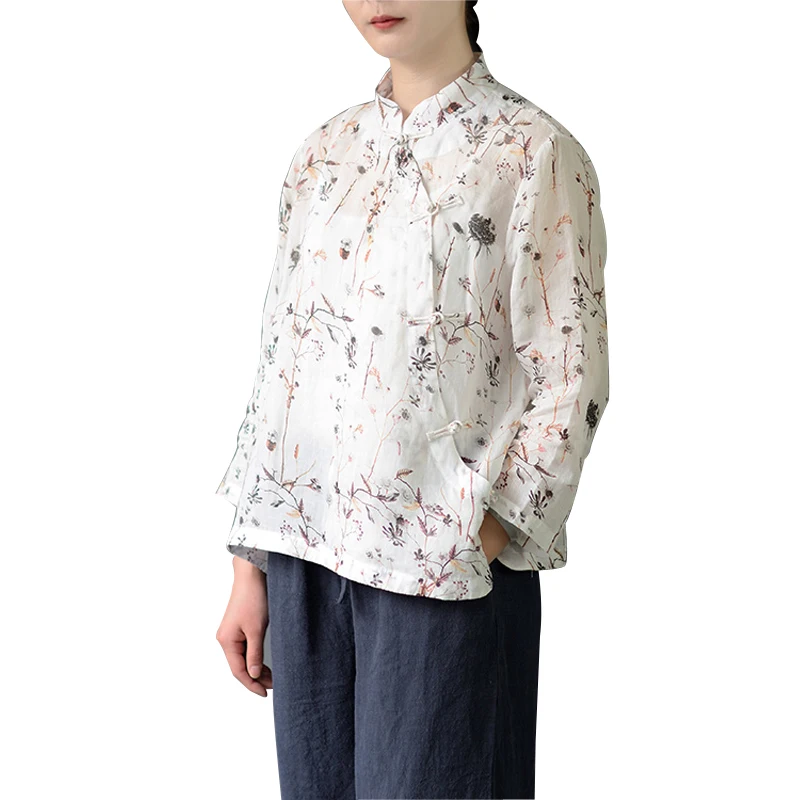 

TaFiY Vestidos 2017 Spring Summer Blusas Women Vintage Stand Collar Floral Print Handmade Plate Buttons Women Tops Ramie Shirts
