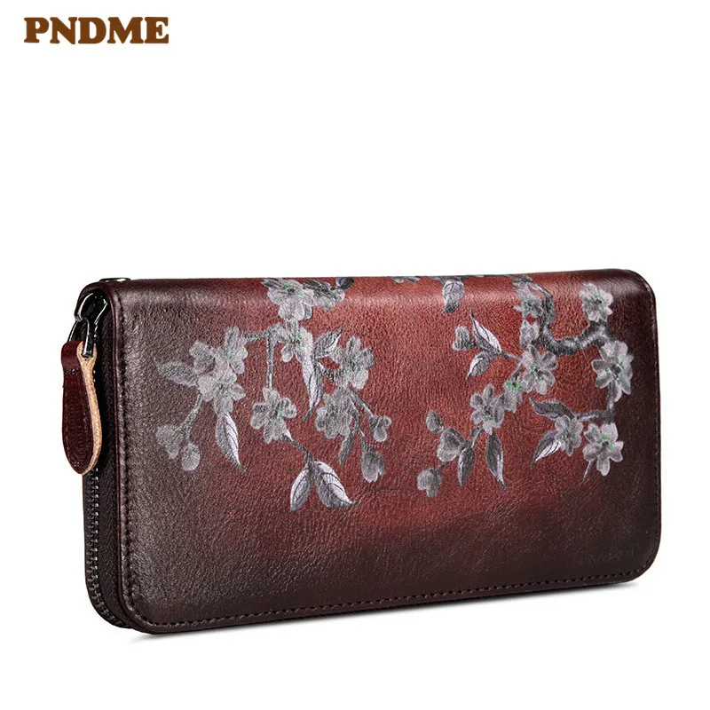 

PNDME luxury genuine leather clutch bag and wallet for women vintage embossed ladies long credit cards phone bag female purse
