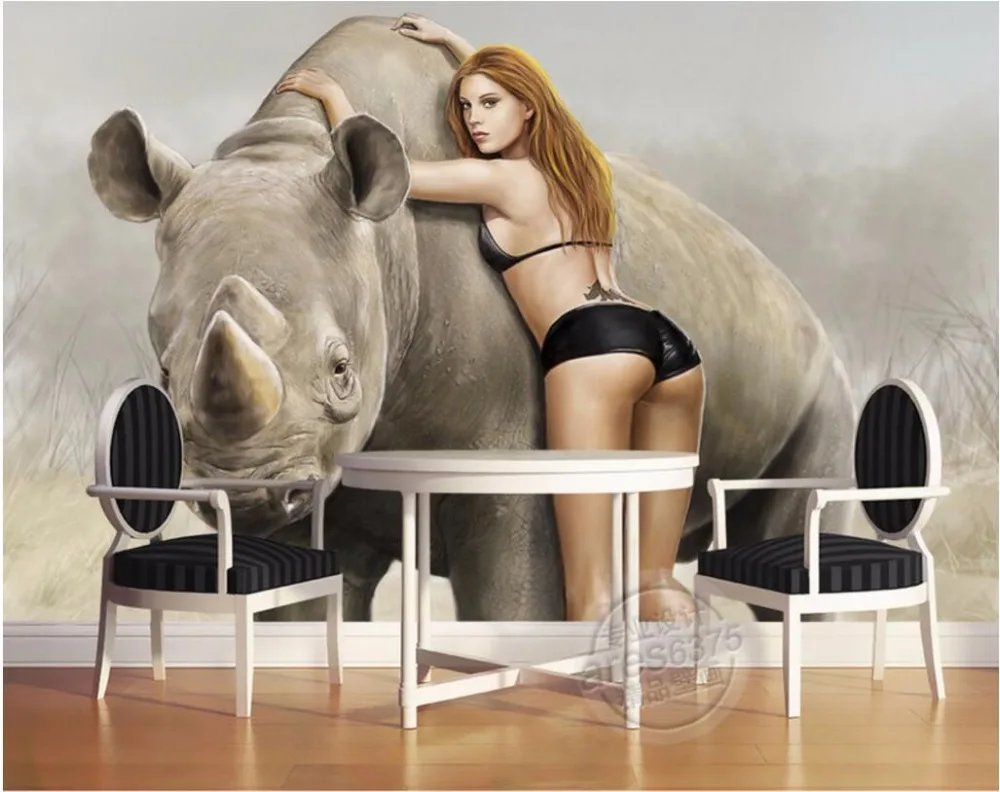 Фотообои на заказ 3d настенная бумага рисунок носорогов сексуальная Красавица и