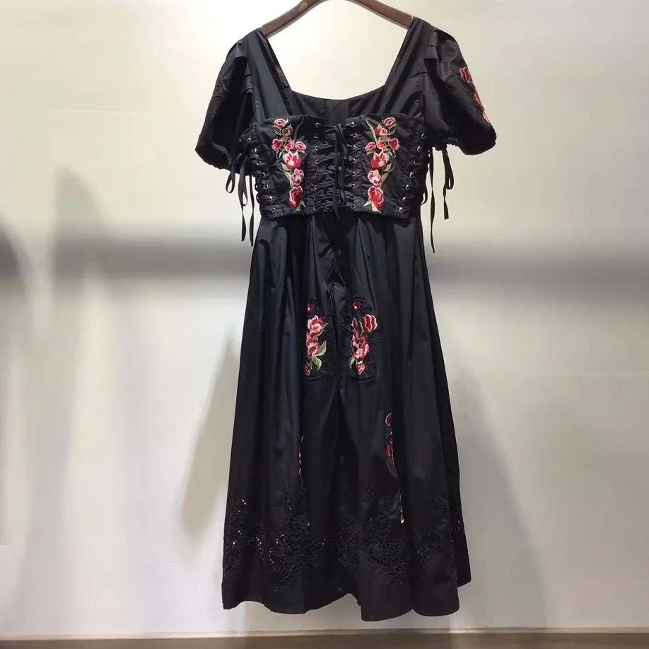 Новейшее дизайнерское платье Летняя мода vestido de festa женские Перекрещенные завязки вышивка короткий рукав винтажное ретро платье хлопок