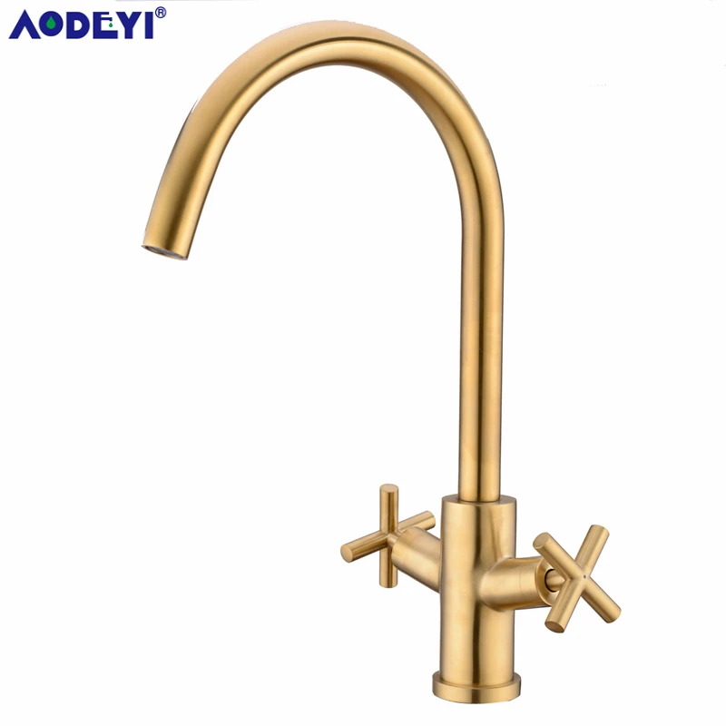 Brushed Gold Кухонный кран из латуни, 360 градусов, горячий и холодный кухонный водоразборный кран, смеситель с двойным вращением раковины с Аэратором для кухни, 2 ручки - Цвет: Brushed Gold