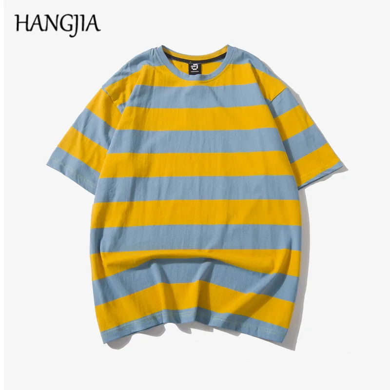 

Yellow Blue Striped Tshirts Men Women 2019 Summer Harajuku Fashion Casual Tees Top Streetwear All-match Loose T-shirt