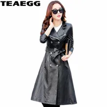 Teaegg Повседневное черный PU кожаная куртка женская одежда длинные осень-зима Для женщин S Кожаные куртки и coatsplus Размеры 4XL 5XL al657