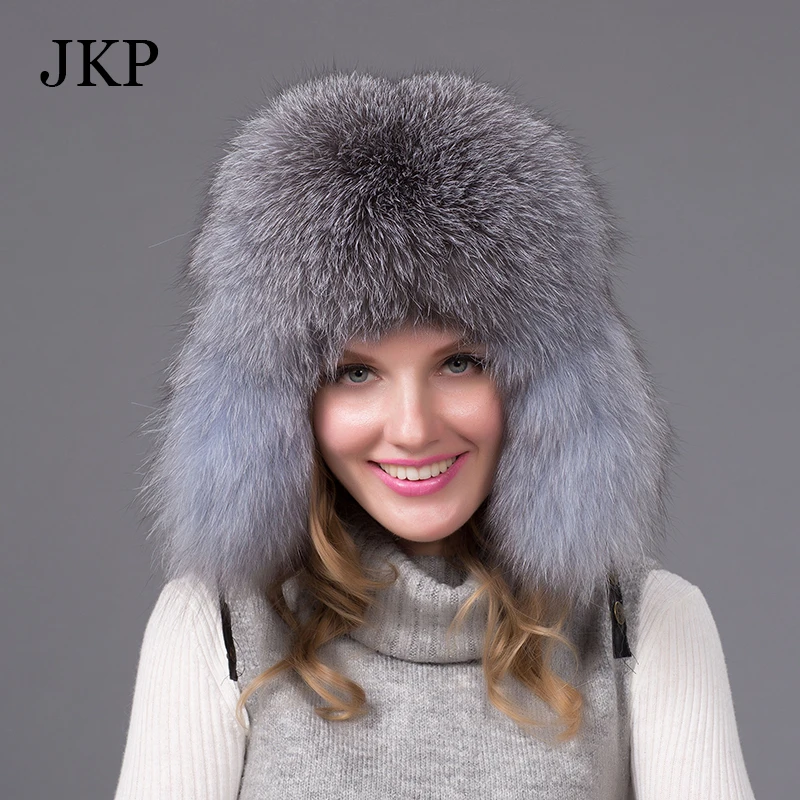 women real silver fox fur Trapper Hat with pom poms winter ear flaps