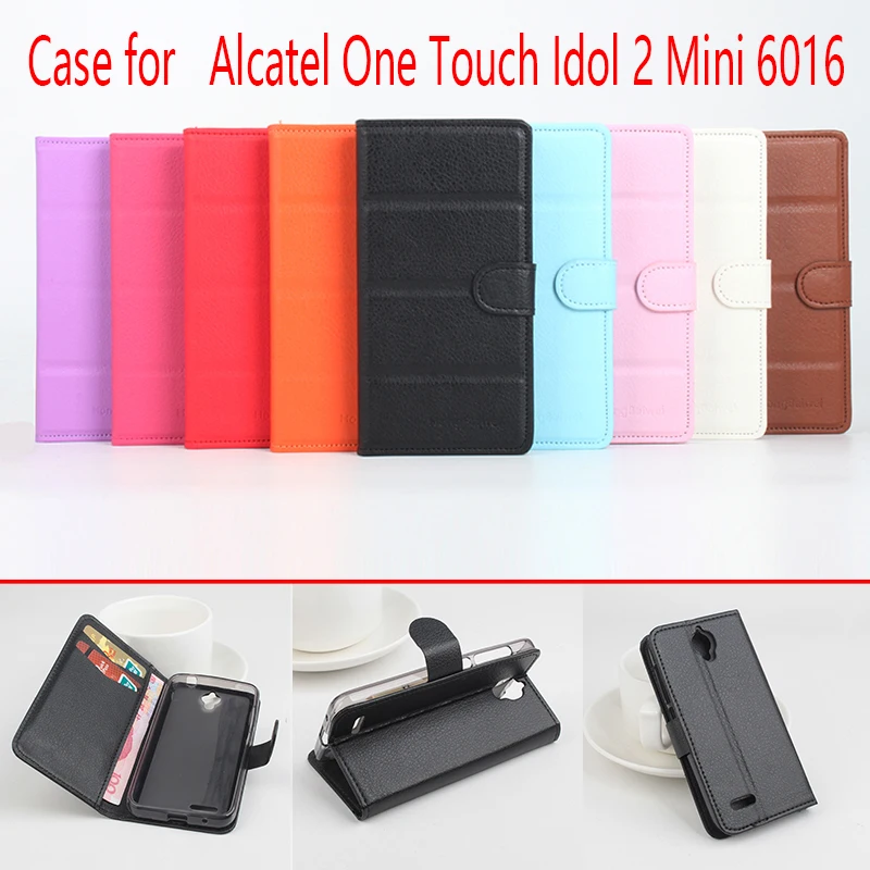 

For Alcatel One Touch Idol 2 Mini 6016 Phone Case Folio Flip Pure Color Lichee Pattern PU Leather Wallet Cover Cash/Card Slots