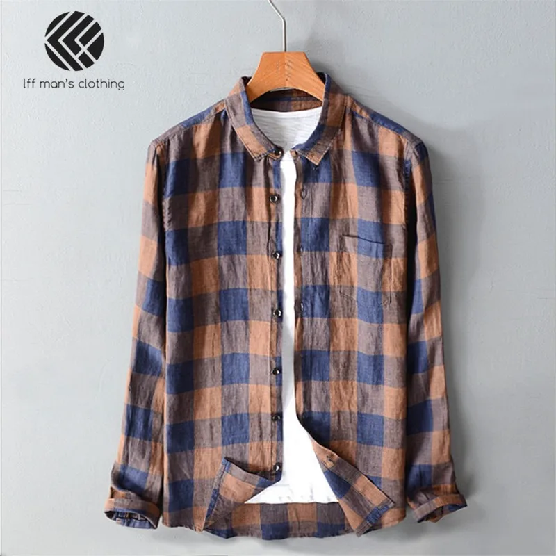 

Men Spring And Autumn Fashion Brand Chinese Style Vintage Plaid Long Sleeve Linen Shirt Male Casual Thin Patchwork Shirts Cloth