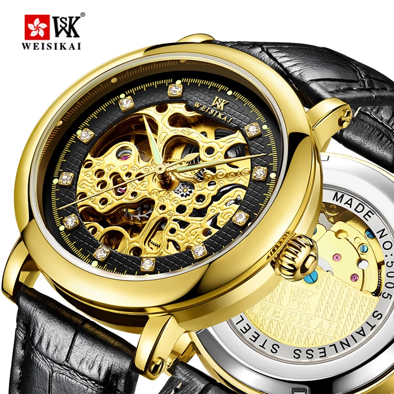 

WEISIKAI Diamond Automatic Watch Men Hollow Leather Strap Mens Mechanical Watches Top Brand Luxury Wristwatch Clock reloj hombre