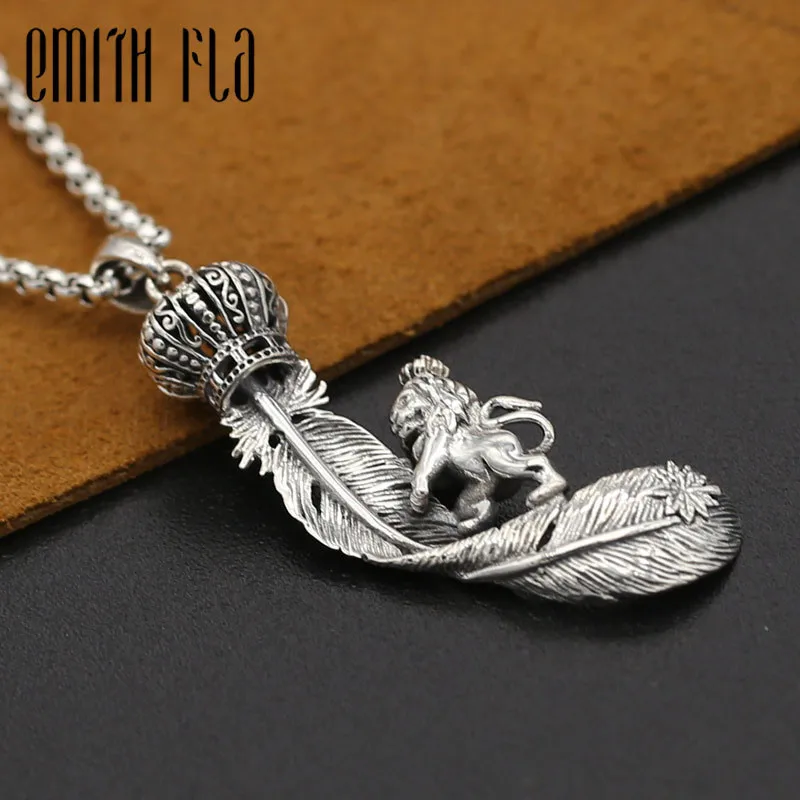 

Genuine 925 Sterling Silver Vintage Punk Thai Silver Eagle Feather Crown Lion Pendant For Women Men Necklace Jewelry Retro