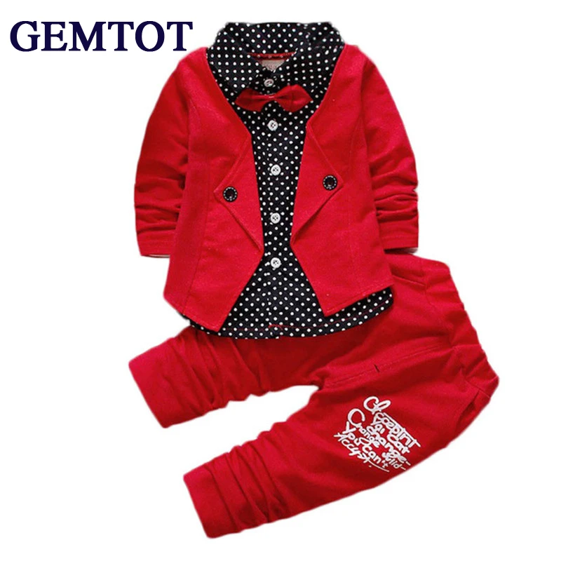

GEMTOT Children's Set 2019 Spring and Autumn New Boys Set Fake Two Buttons Bow Tie Jacket Two Piece Set
